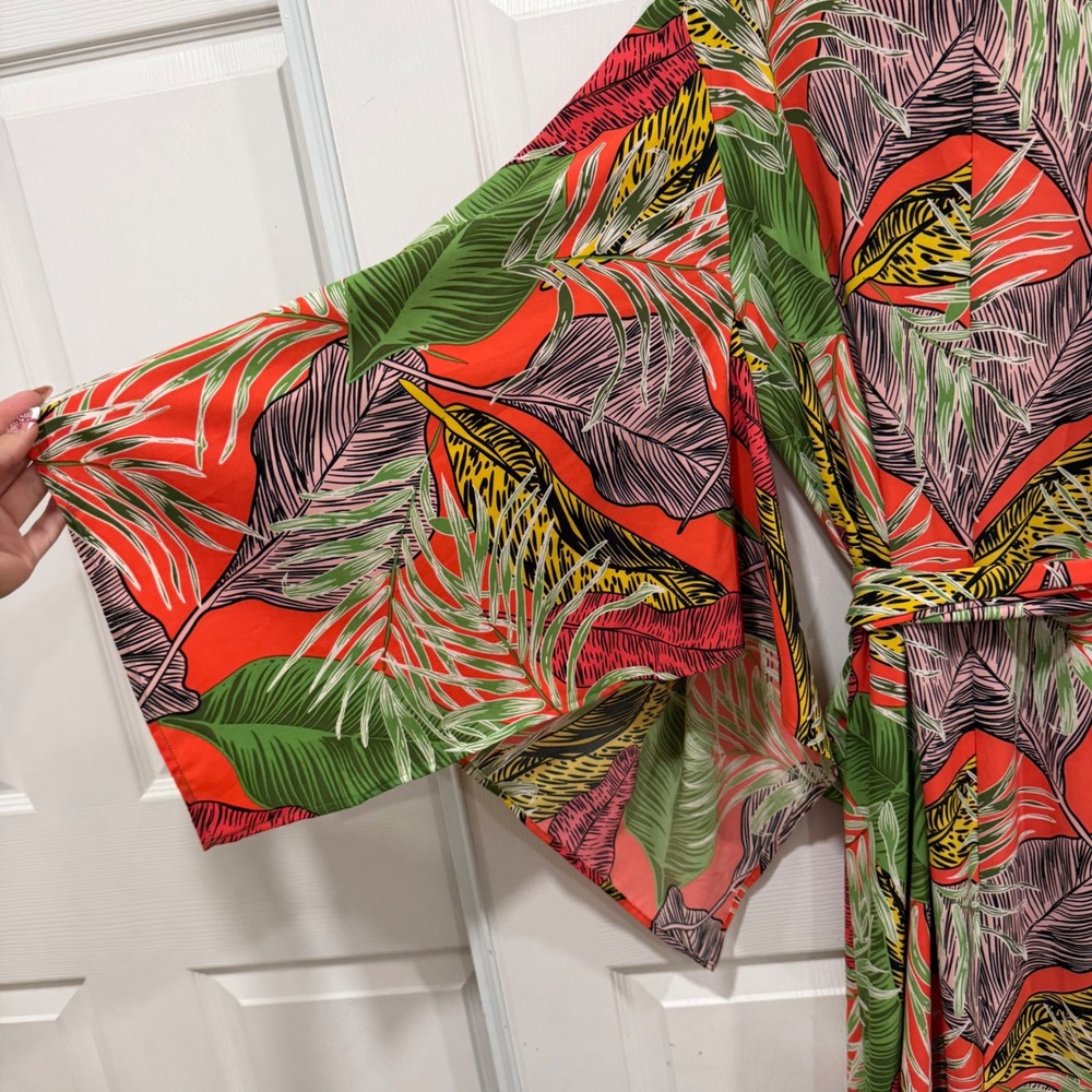 Philthy Tropical Leaf Print Maxi Kimono Robe Ruffle Hem Red Green L/XL - Picture 5 of 8